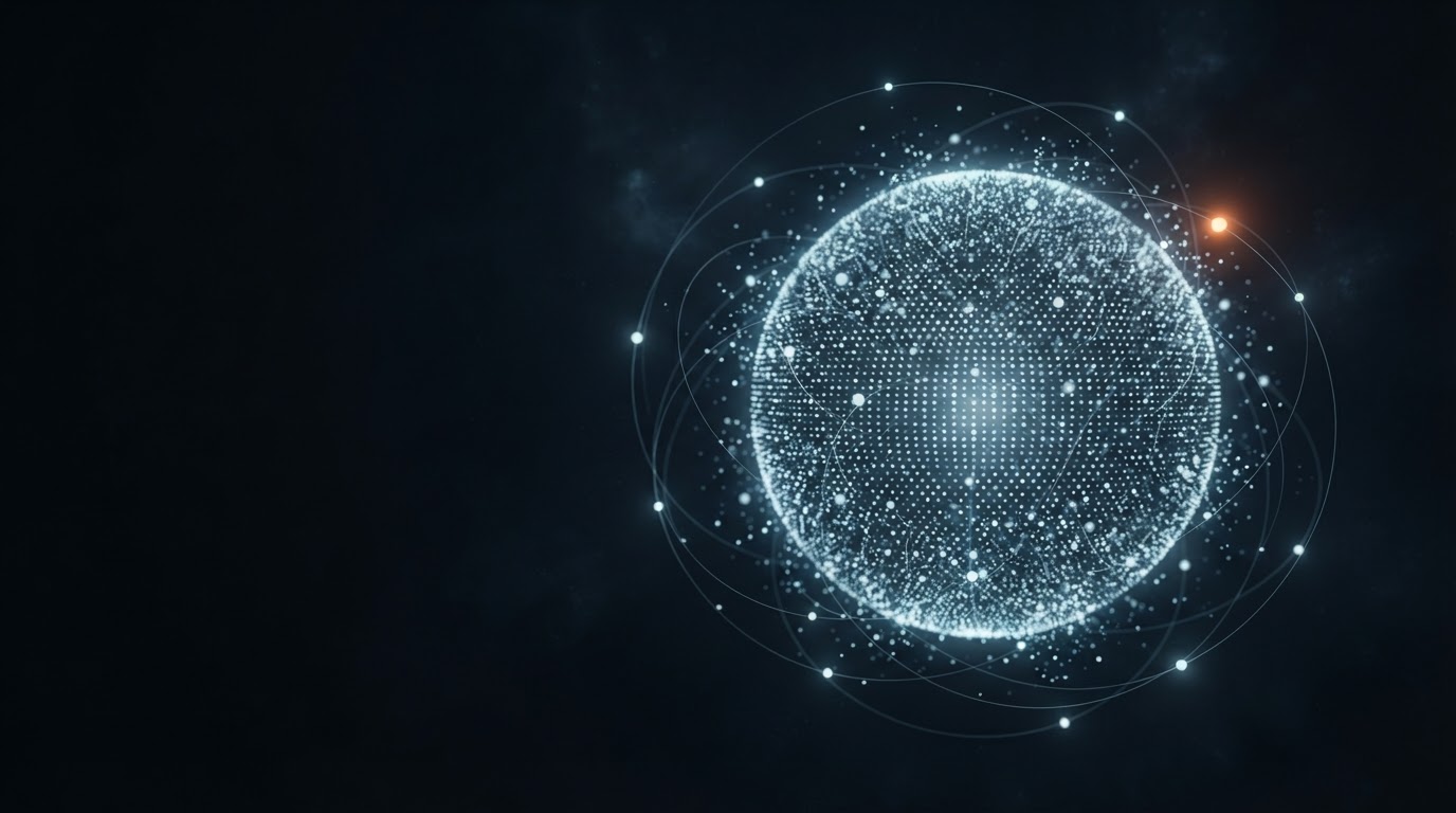 A luminous sphere of cool blue-white points connected by delicate arcs, with a single warm orange light against a dark sky.